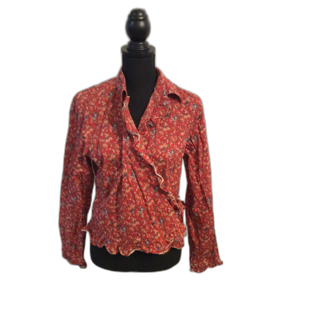 Lauren Ralph Lauren 2000s Red Floral Wrap Shirt Praire Cottagecore Size 12